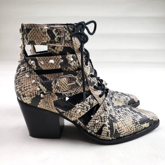Sam Edelman Elana Studded Boot Womens 7.5 Beige Leather Snake Cut Out Ankle Heel - Picture 1 of 16